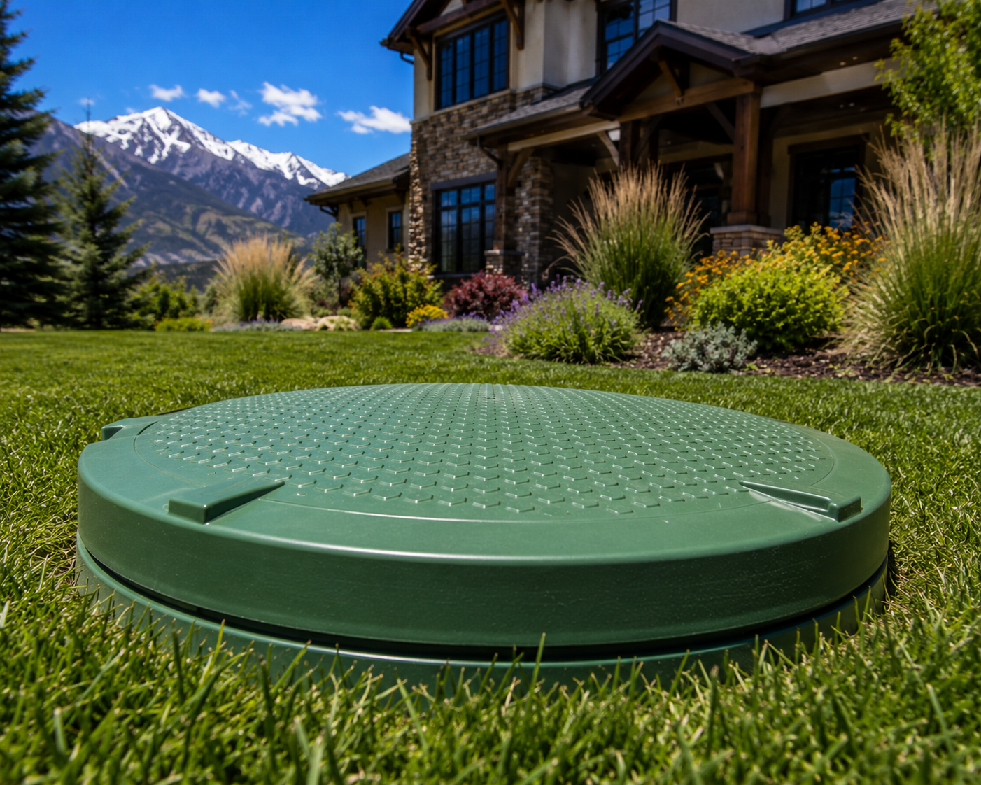 Green septic tank access lid set in a lush Denver lawn with palms