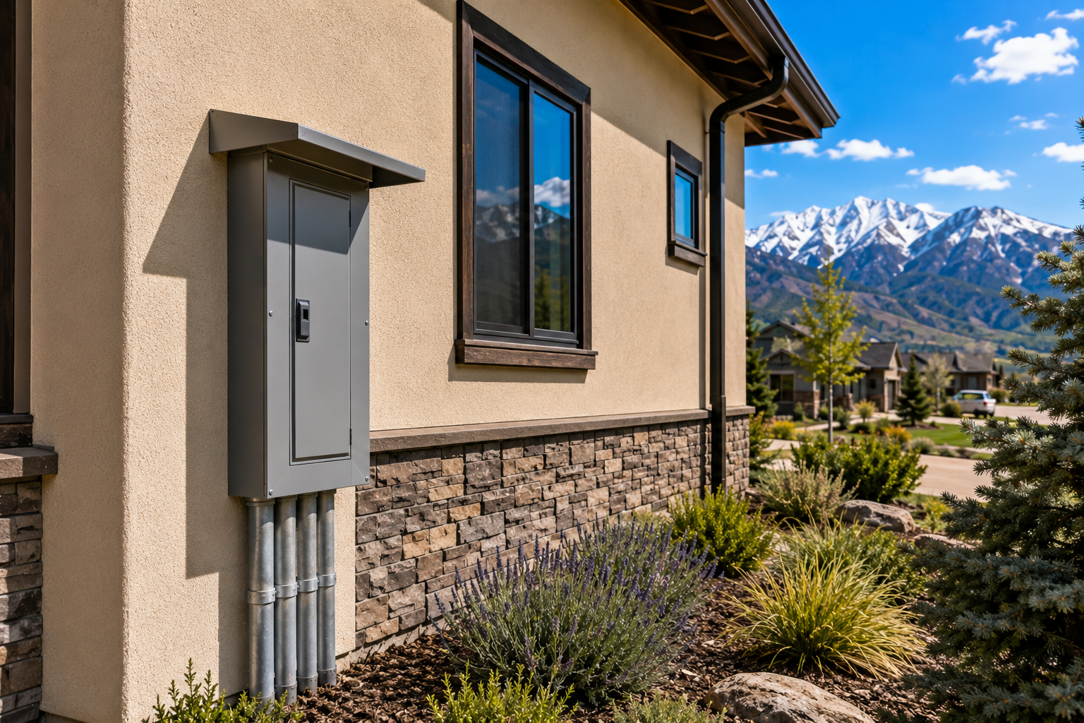 Neat gray electrical panel mounted on a Denver home exterior