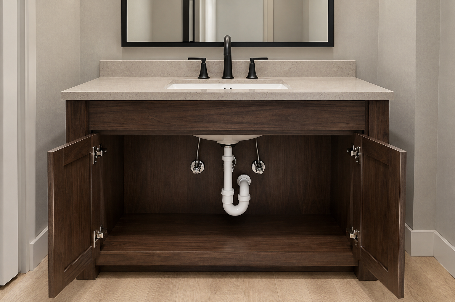 Open bathroom vanity cabinet showing clean white PVC plumbing under a modern sink