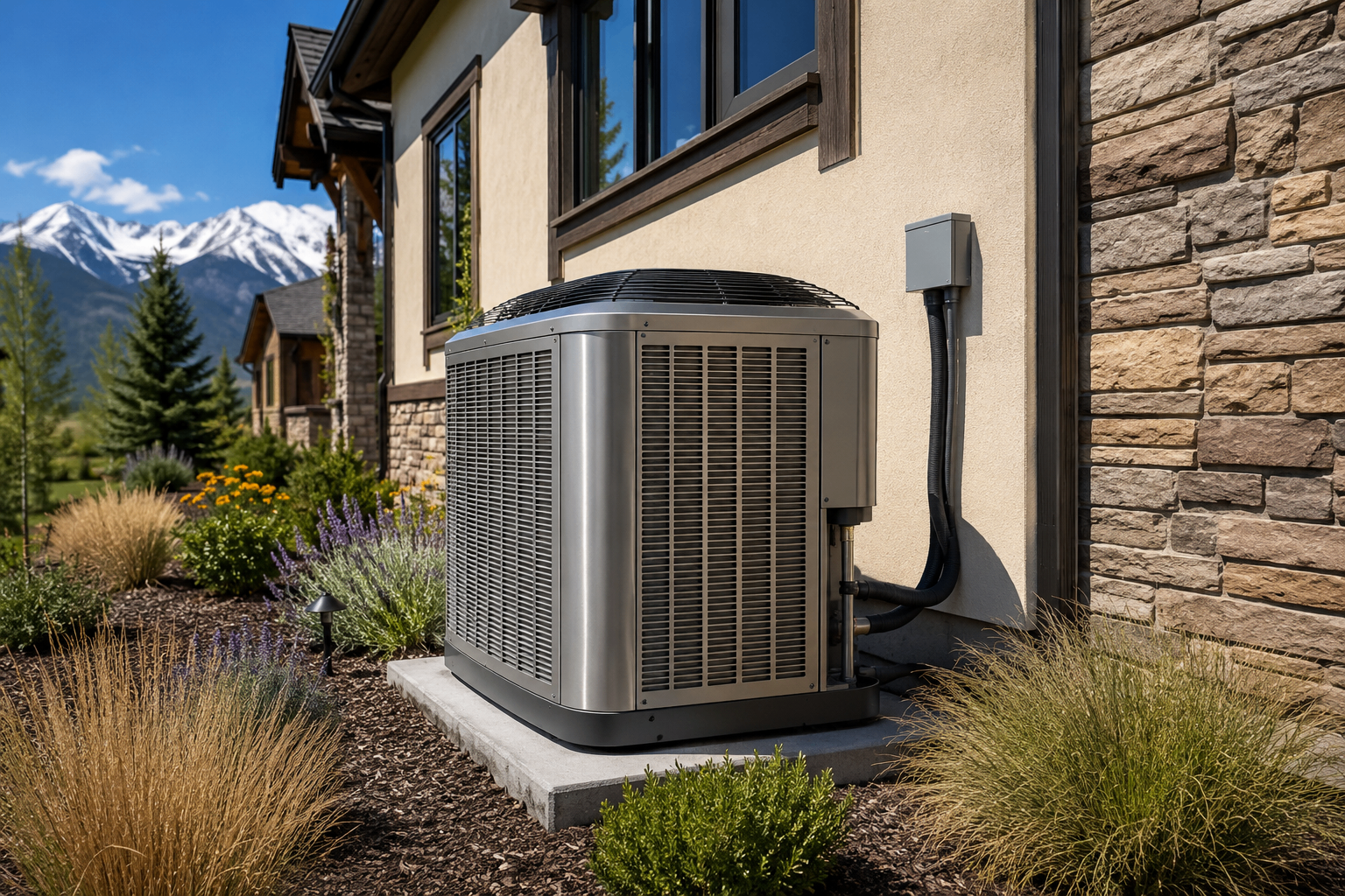Outdoor HVAC condenser beside a Denver's Front Range home under blue Colorado sky